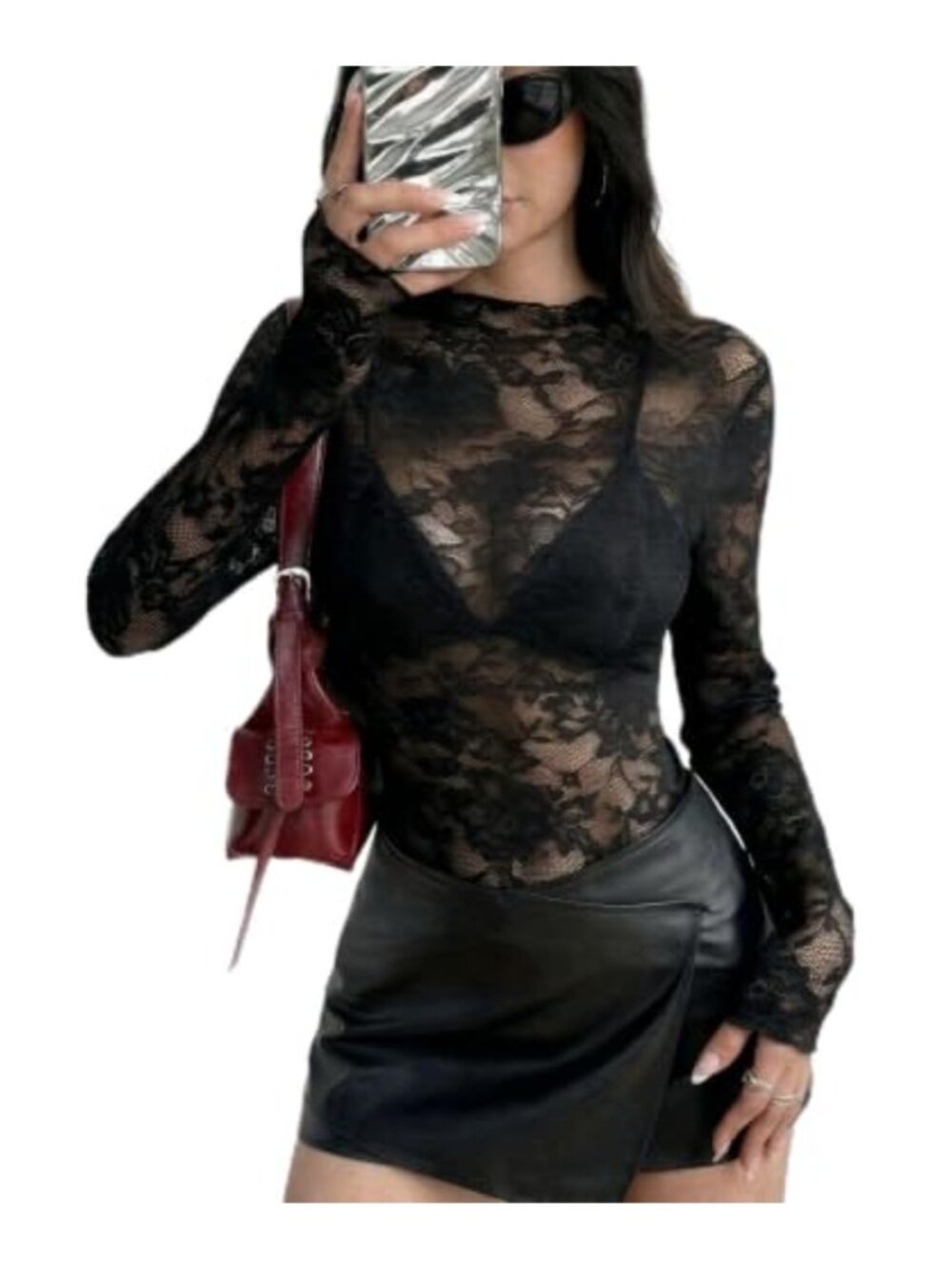 Women's Lace Floral Mesh Sheer Blouse Long Sleeve Mock Neck Top